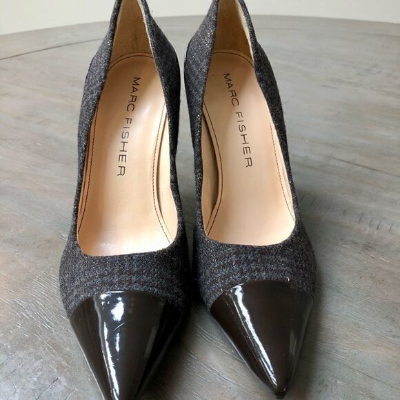 Marc Fisher brown, tweed with patten leather “Moyen” heels. - Picture 3 of 9